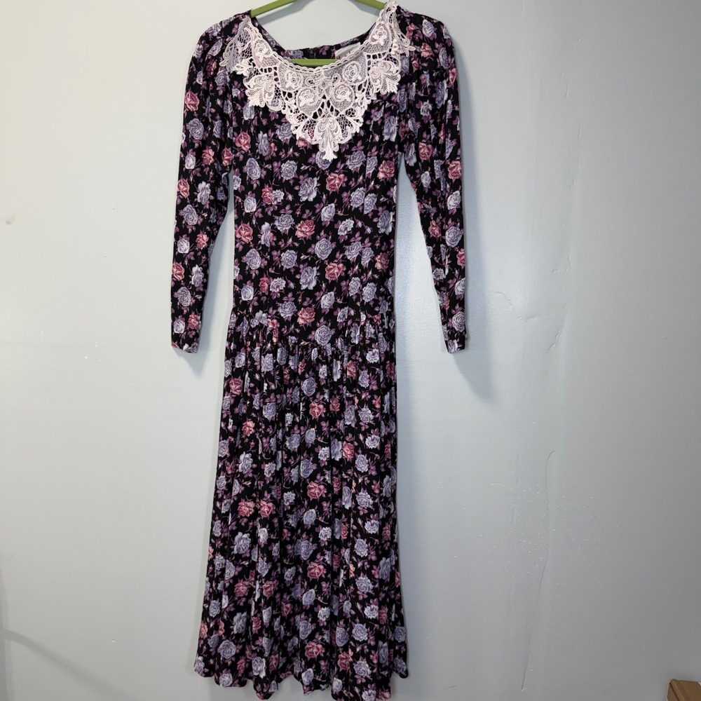 Vintage Misty Lane Floral‎ Lace Collar Dress Long Sleeve Midi Black Purple 3/4
